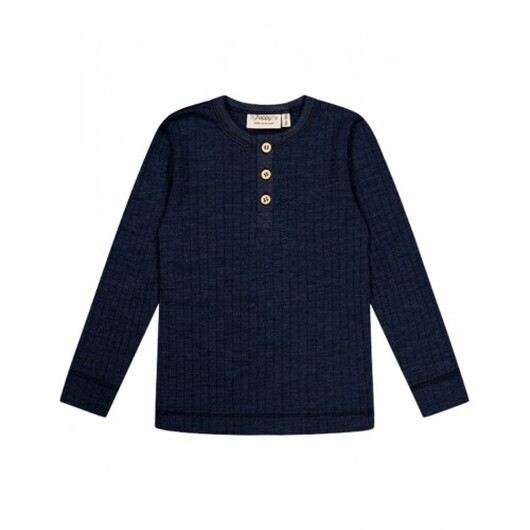 Långärmad T-shirt Med Granddad-knäppning, Dropneedle-stickad, 100% Merinoull, Oeko-texÂ® 86/92 Navy Melange