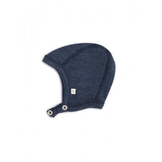 Babymössa Med Tryckknappar I 100% Ekologisk Merinoull, Tjock Design - 2 Lager Tyg 62/68 Navy Melange