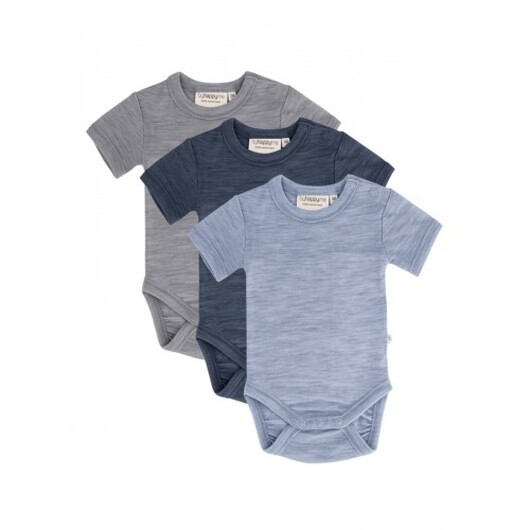 Body Med Kort Ärm Och Knappstängning Ãver Ena Axeln För Baby, Tillverkad Av 100 % Ekologisk Merinoull, 3-pack 86 Stormy Sky
