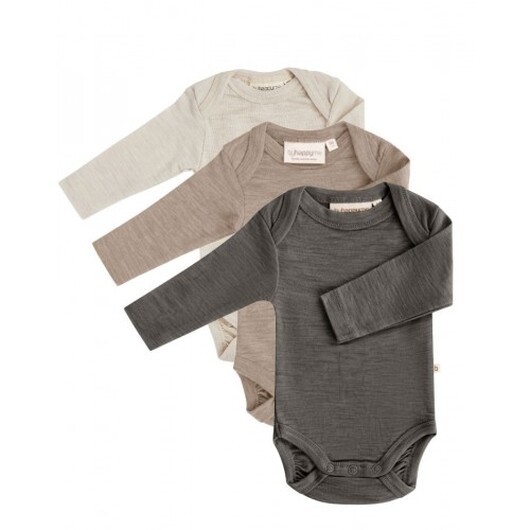 Baby Body Med Långa Ärmar Och Amerikansk Stängning, 100% Ekologisk Merinoull , 3-pack 98 Beige Melange