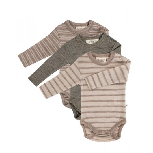 Babybody Med Lång Ärm Och Rund Halsringning I 100% Ekologisk Merinoull, 3-pack 62 Stribe: Beige/nature Melange