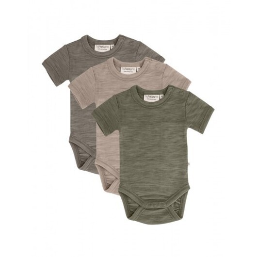 Body Med Kort Ärm Och Knappstängning Ãver Ena Axeln För Baby, Tillverkad Av 100 % Ekologisk Merinoull, 3-pack 56 Calm Nature