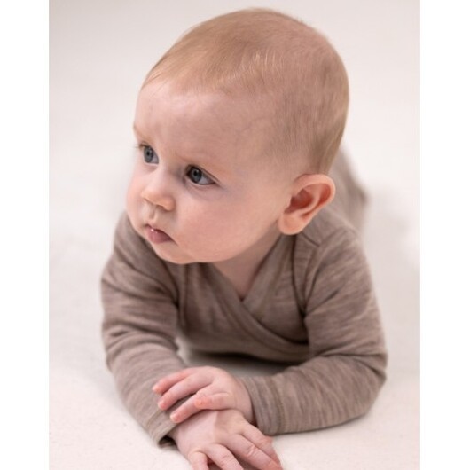 Body Med Lång Ärm Och Omlottstängning För Baby, I 100% Ekologisk Merinoull Beige Melange 68