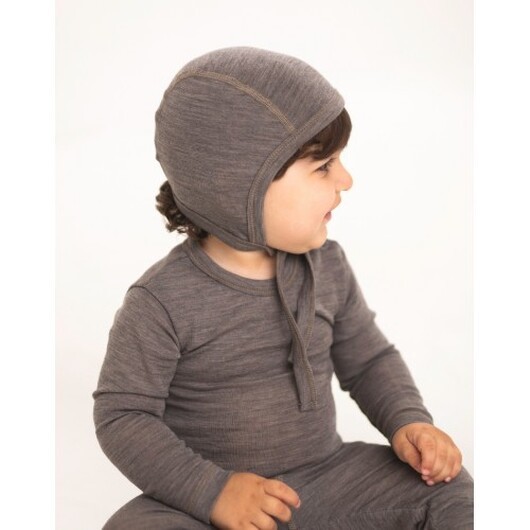 Babymössa Med Knytband I 100% Ekologisk Merinoull, Tunn Design - 1 Lager Tyg 74/80 Light Brown Melange