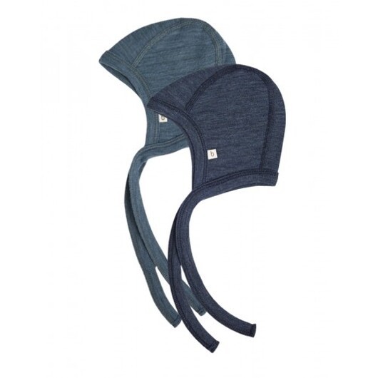 Babymössa Med Knytband I 100% Ekologisk Merinoull, Tjock Design - 2 Lager Tyg 74/80 Blue Mélange