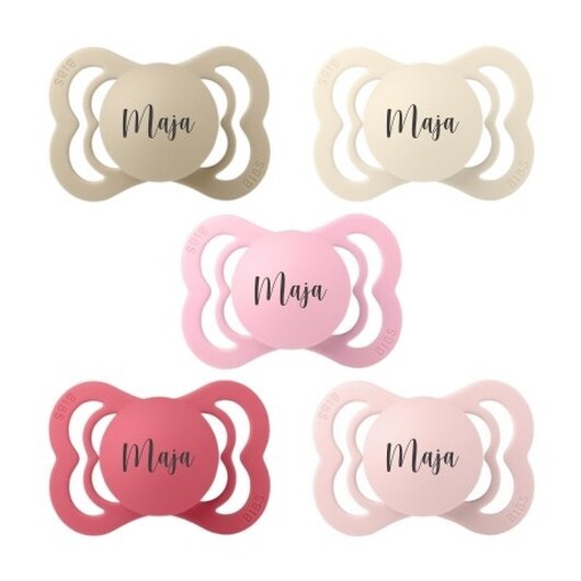 Bibs Supreme, Storlek 1 (0-6 Mån.), Symmetrisk - Latex,namnnappar , 5-pack