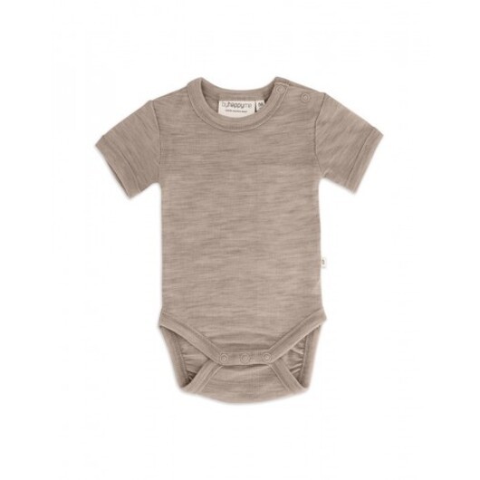 Body Med Kort Ärm Och Knappstängning Ãver Ena Axeln För Baby, Tillverkad Av 100 % Ekologisk Merinoull Beige Melange 56