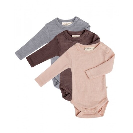 Babybody Med Lång Ärm Och Rund Halsringning I 100% Ekologisk Merinoull, 3-pack 92 Rose Melange