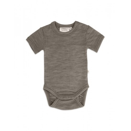 Body Med Kort Ärm Och Knappstängning Ãver Ena Axeln För Baby, Tillverkad Av 100 % Ekologisk Merinoull 98 Light Brown Melange