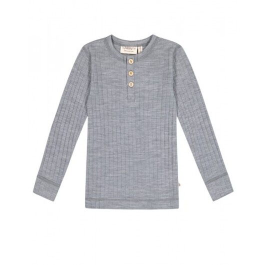 Långärmad T-shirt Med Granddad-knäppning, Dropneedle-stickad, 100% Merinoull, Oeko-texÂ® Grey Melange 134/140