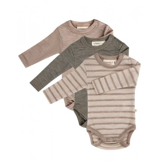 Babybody Med Lång Ärm Och Rund Halsringning I 100% Ekologisk Merinoull, 3-pack 68 Nature/beige Melange