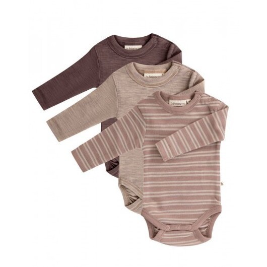 Babybody Med Lång Ärm Och Rund Halsringning I 100% Ekologisk Merinoull, 3-pack 92 Soft Rose/nature Melange
