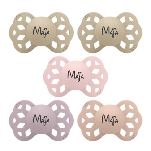 Bibs Infinity, Storlek 2 (6+ M), Symetrisk - Silikon, Nappar Med Namn , 5-pack