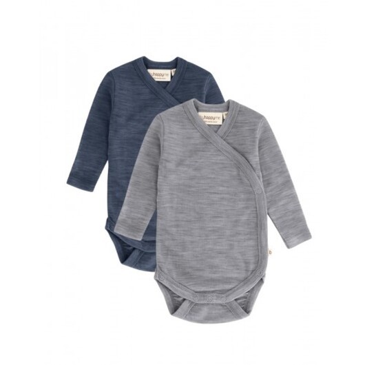 Body Med Lång Ärm Och Omlottstängning För Baby, I 100% Ekologisk Merinoull, 2-pack 62 Steel Blue