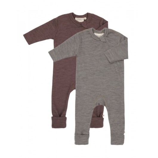 Baby Overall I 100% Ekologisk Merionull Med Dragkedja På Sidan, 2-pack 62 Dusty Fig