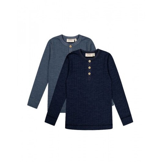 Långärmad T-shirt Med Granddad-knäppning, Dropneedle-stickad, 100% Merinoull, Oeko-texÂ®, 2-pack 122/128 Blue/navy Melange
