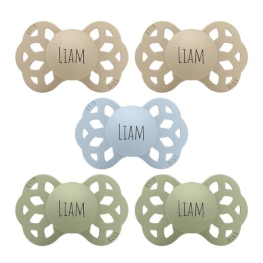 Bibs Infinity, Storlek 2 (6+ M), Symetrisk - Silikon, Nappar Med Namn , 5-pack