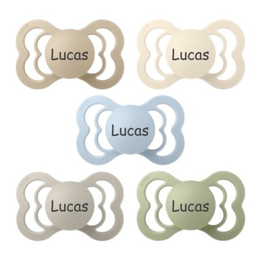 Bibs Supreme, Storlek 2 (6+ Mån.), Symmetrisk - Latex, Namnnappar , 5-pack