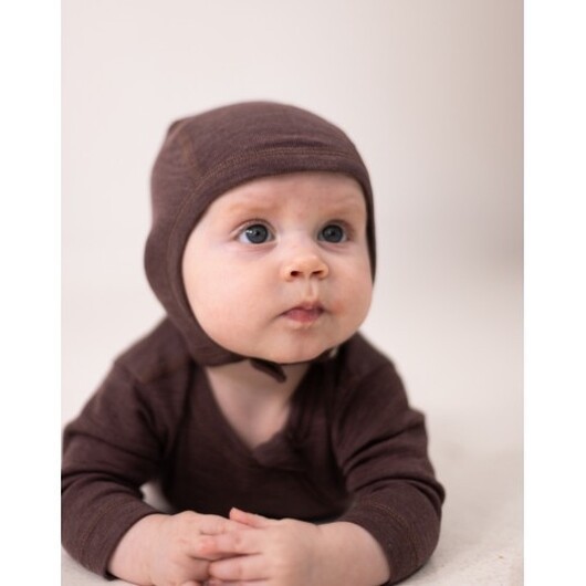 Babymössa Med Tryckknappar I 100% Ekologisk Merinoull, Tjock Design - 2 Lager Tyg 74/80 Plum Melange