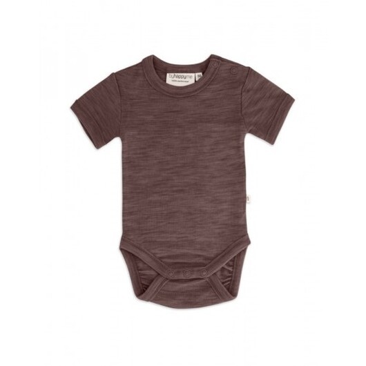 Body Med Kort Ärm Och Knappstängning Ãver Ena Axeln För Baby, Tillverkad Av 100 % Ekologisk Merinoull Plum Melange 56