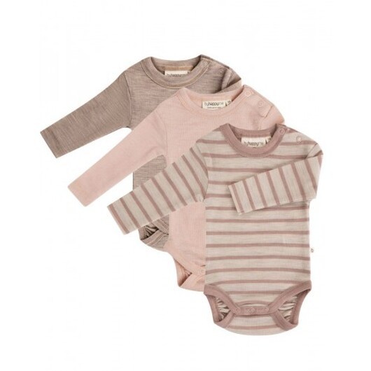 Babybody Med Lång Ärm Och Rund Halsringning I 100% Ekologisk Merinoull, 3-pack 74 Nature/soft Rose Melange