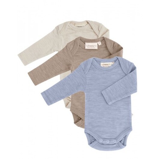 Baby Body Med Långa Ärmar Och Amerikansk Stängning, 100% Ekologisk Merinoull , 3-pack 74 Light Blue Melange