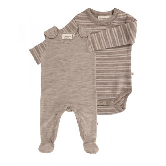 2-pack Ullpaket Till Baby, Romper Med Fötter & Body Med Knapp I 100% Merinoull 68 Beige Melange - Stribe Beige