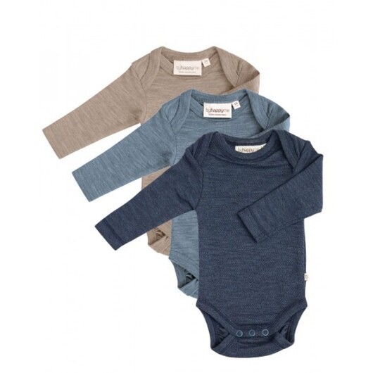 Baby Body Med Långa Ärmar Och Amerikansk Stängning, 100% Ekologisk Merinoull , 3-pack Blue Mélange 62
