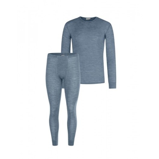 Herrset I Merinoull  -  Långärmad T-shirt & Longjohns, 1x1 Ribb Blue Mélange S
