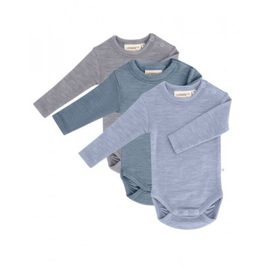Babybody Med Lång Ärm Och Rund Halsringning I 100% Ekologisk Merinoull, 3-pack 80 Light Blue Melange