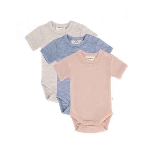 Body Med Kort Ärm Och Knappstängning Ãver Ena Axeln För Baby, Tillverkad Av 100 % Ekologisk Merinoull, 3-pack 68 Soft Dawn