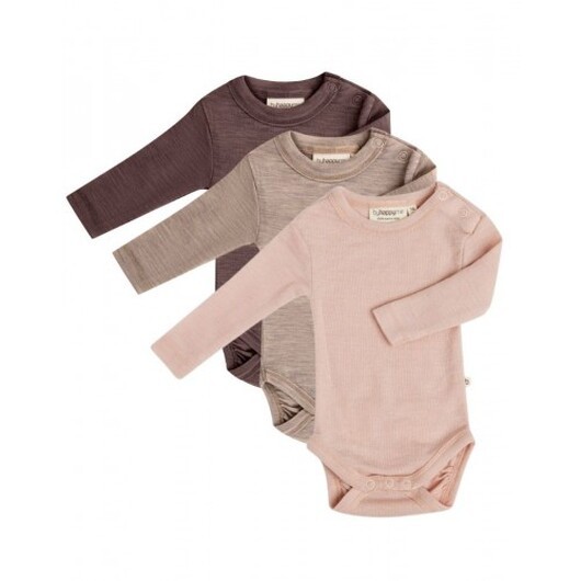 Babybody Med Lång Ärm Och Rund Halsringning I 100% Ekologisk Merinoull, 3-pack 74 Forest Berry
