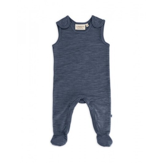Retro Sparkdräkt Med Fötter Och Tryckknappar På Insidan Av Benen För Baby, I 100% Ekologisk Merinoull Navy Melange 74