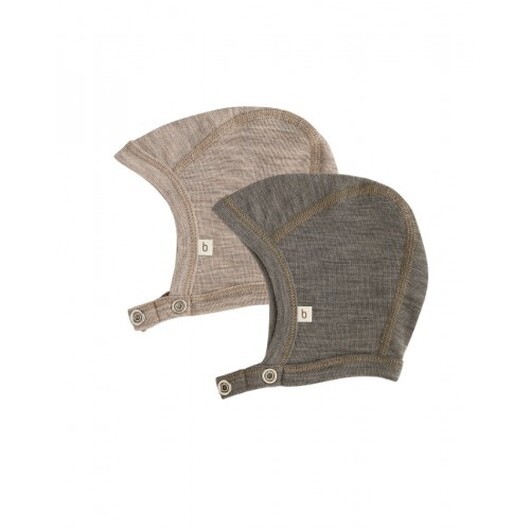 Babymössa Med Tryckknappar I 100% Ekologisk Merinoull, Tjock Design - 2 Lager Tyg, 2-pack 74/80 Light Brown Melange