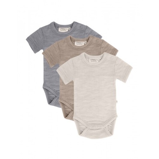 Body Med Kort Ärm Och Knappstängning Ãver Ena Axeln För Baby, Tillverkad Av 100 % Ekologisk Merinoull, 3-pack 74 Soft Sand