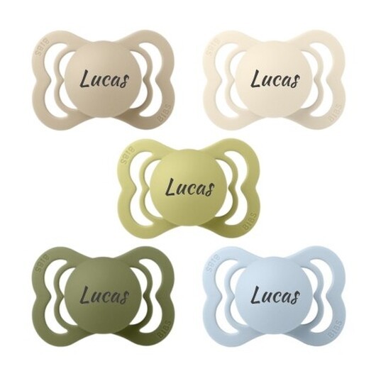 Bibs Supreme, Storlek 1 (0-6 Mån.), Symmetrisk - Latex,namnnappar , 5-pack