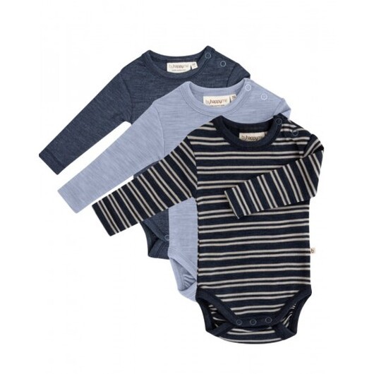 Babybody Med Lång Ärm Och Rund Halsringning I 100% Ekologisk Merinoull, 3-pack 80 Navy/nature Melange