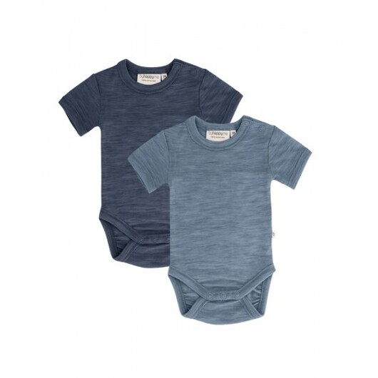 Body Med Kort Ärm Och Knappstängning Ãver Ena Axeln För Baby, Tillverkad Av 100 % Ekologisk Merinoull, 2-pack 68 Navy - Blue Melange