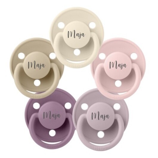 Bibs De Lux, One Size (0-36 Mån.), Rund - Silikon,namnnappar, 5-pack