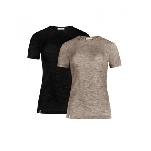 S/s T-shirt Dam I 100% Merinoull, 1x1 Ribb, 2-pack Xl Black/beige Melange