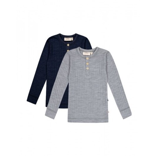 Långärmad T-shirt Med Granddad-knäppning, Dropneedle-stickad, 100% Merinoull, Oeko-texÂ®, 2-pack 98/104 Navy-grey