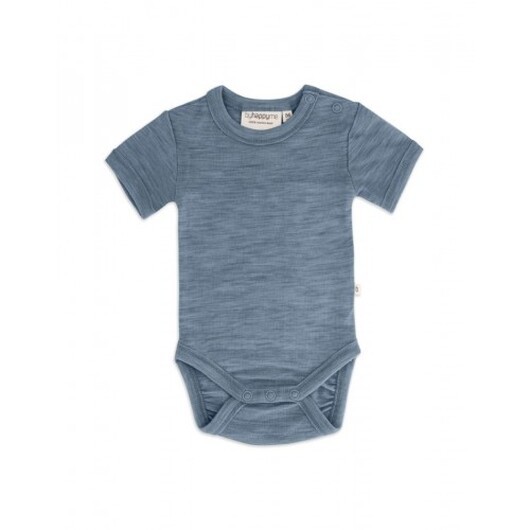 Body Med Kort Ärm Och Knappstängning Ãver Ena Axeln För Baby, Tillverkad Av 100 % Ekologisk Merinoull 92 Blue Mélange