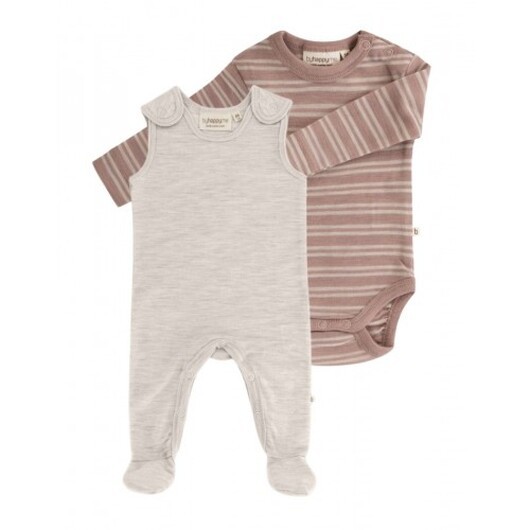 2-pack Ullpaket Till Baby, Romper Med Fötter & Body Med Knapp I 100% Merinoull 74 Nature Melange - Soft Rose Stribe