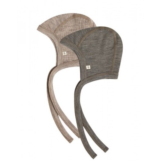 Babymössa Med Knytband I 100% Ekologisk Merinoull, Tjock Design - 2 Lager Tyg 74/80 Light Brown Melange