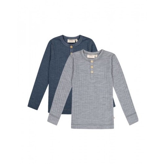 Långärmad T-shirt Med Granddad-knäppning, Dropneedle-stickad, 100% Merinoull, Oeko-texÂ®, 2-pack 122/128 Blue/grey Melange