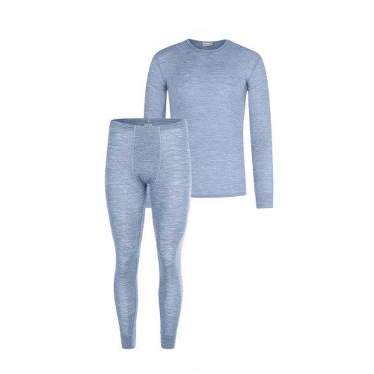 Herrset I Merinoull  -  Långärmad T-shirt & Longjohns, 1x1 Ribb S Light Blue Melange