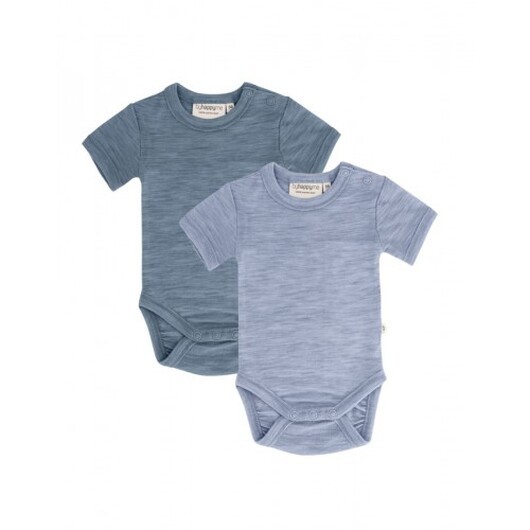 Body Med Kort Ärm Och Knappstängning Ãver Ena Axeln För Baby, Tillverkad Av 100 % Ekologisk Merinoull, 2-pack 98 Blue - Light Blue Melange