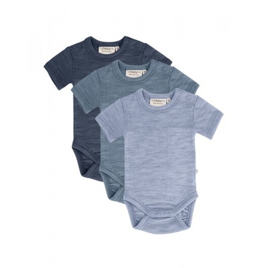Body Med Kort Ärm Och Knappstängning Ãver Ena Axeln För Baby, Tillverkad Av 100 % Ekologisk Merinoull, 3-pack 68 Deep Ocean