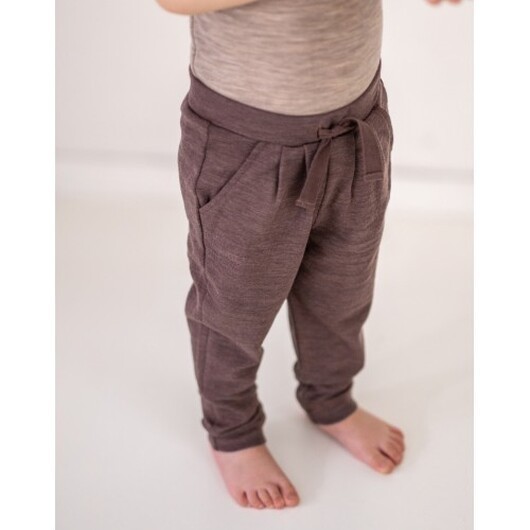 Byhappyme, Barnbyxor Med Dragsko 100% Merino Woo Plum Melange 74