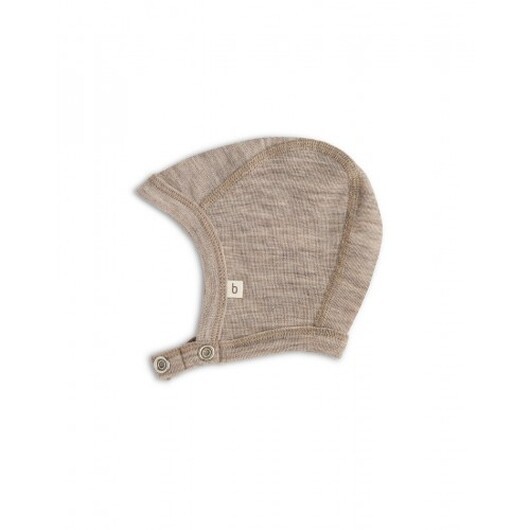 Babymössa Med Tryckknappar I 100% Ekologisk Merinoull, Tjock Design - 2 Lager Tyg 74/80 Beige Melange